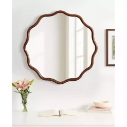 New Kirklands Home Walnut Wavy Scallop Round Wall Mirror Brown