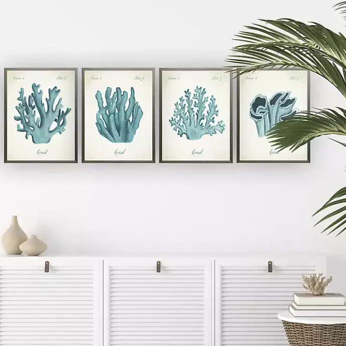 New Kirklands Home Watercolor Coral Gray Framed Art Prints, Set of 4