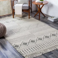 Outlet Kirklands Home White and Black Diamond Tassel Wool Area Rug, 8x10