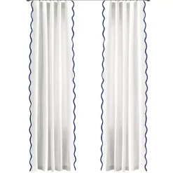New Kirklands Home White and Navy Scalloped Curtain Panel Set, 84 in.