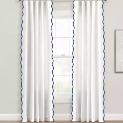 New Kirklands Home White and Navy Scalloped Curtain Panel Set, 84 in.