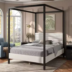 Hot Kirklands Home White Boucle Upholstered Black Canopy Queen Bed