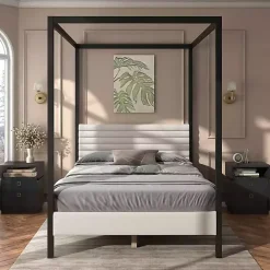 Hot Kirklands Home White Boucle Upholstered Black Canopy Queen Bed