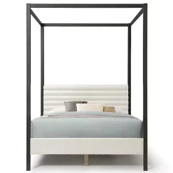 Hot Kirklands Home White Boucle Upholstered Black Canopy Queen Bed