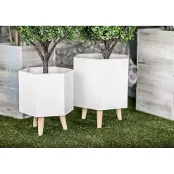 Online Kirklands Home Clay and Wood Hexagon Planters, Set of 2 White