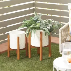 Sale Kirklands Home Corrugated Iron and Wood Planters, Set of 2 White