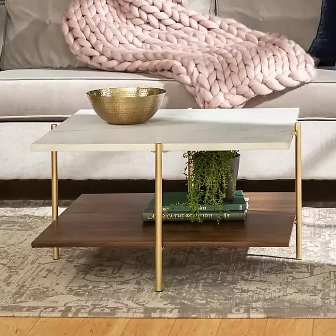 Outlet Kirklands Home White Faux Marble and Brown Wood Coffee Table