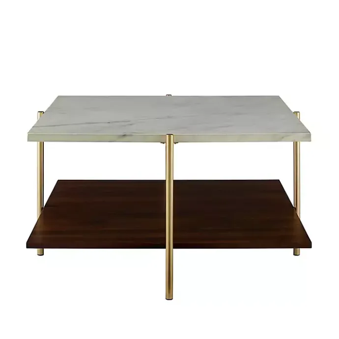 Outlet Kirklands Home White Faux Marble and Brown Wood Coffee Table