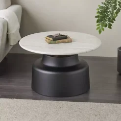 Hot Kirklands Home Marble & Black Metal Pedestal Coffee Table White