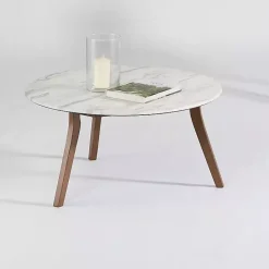Sale Kirklands Home White Marble and Wood Round Coffee Table Tan