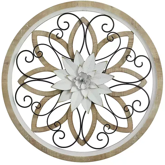 Best Kirklands Home White Metal and Wood Floral Round Wall Plaque