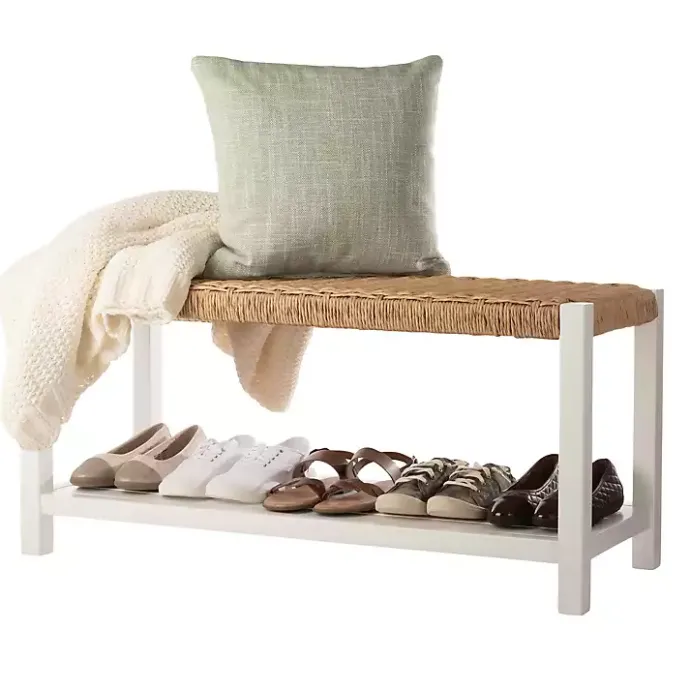 Online Kirklands Home White Newport Wood and Rattan Bench with Shelf Brown