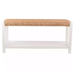 Online Kirklands Home White Newport Wood and Rattan Bench with Shelf Brown