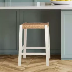 Kirklands Home White Newport Wood and Rattan Counter Stool Brown