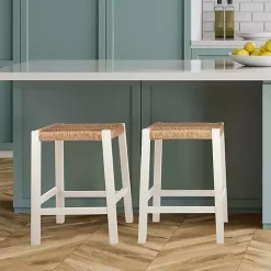 Kirklands Home White Newport Wood and Rattan Counter Stool Brown