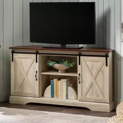 Discount Kirklands Home White Oak Sliding Barn Doors Corner TV Stand Ivory