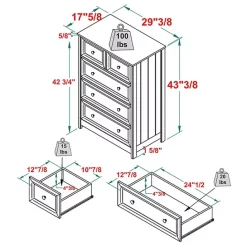 New Kirklands Home White Wood Five Framed Drawers Dresser