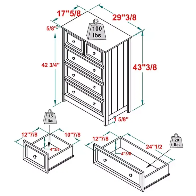 New Kirklands Home White Wood Five Framed Drawers Dresser
