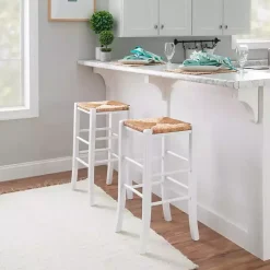 Outlet Kirklands Home White Wood Seagrass Backless 2-pc. Bar Stool Set Tan