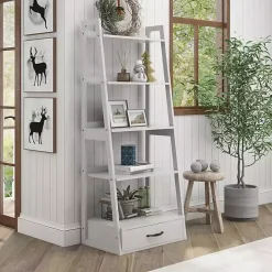 New Kirklands Home Wood 5-Shelf Leaning Bookshelf White
