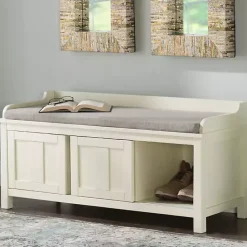 Kirklands Home White Wood Upholstered Storage Bench