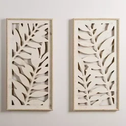 New Kirklands Home washed Wood Fern Wall Plaques, Set of 2 White