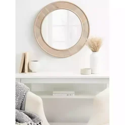 New Kirklands Home washed Woodgrain Round Wall Mirror White