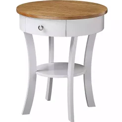 New Kirklands Home Wood & White Curved Legs Round Drawer Accent Table Brown