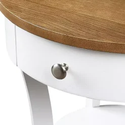 New Kirklands Home Wood & White Curved Legs Round Drawer Accent Table Brown