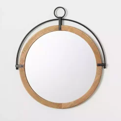 Clearance Kirklands Home Wood and Black Metal Modern Round Wall Mirror