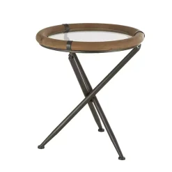 Outlet Kirklands Home Wood and Glass Round Tripod Accent Table Brown