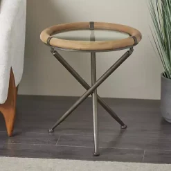 Outlet Kirklands Home Wood and Glass Round Tripod Accent Table Brown