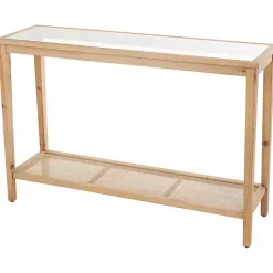 Online Kirklands Home Wood Glass Top Console Table with Rattan Shelf Brown