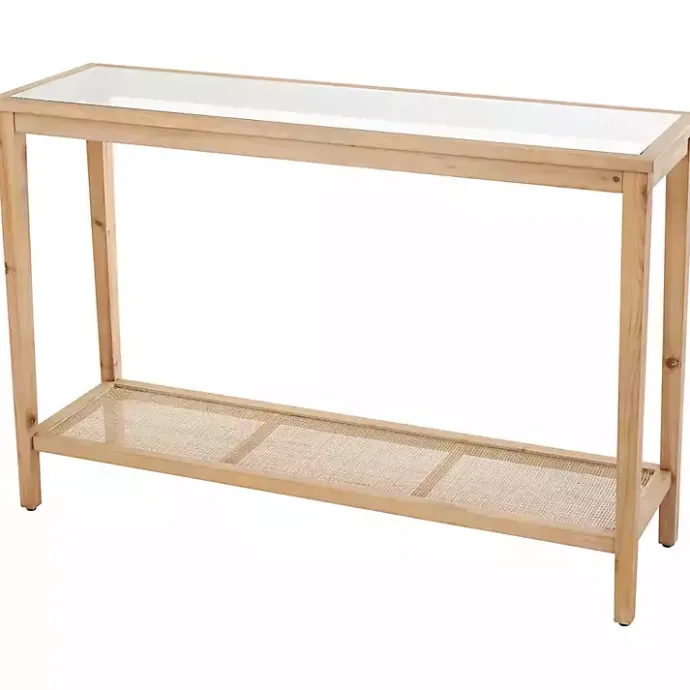 Online Kirklands Home Wood Glass Top Console Table with Rattan Shelf Brown