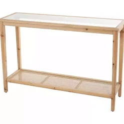 Online Kirklands Home Wood Glass Top Console Table with Rattan Shelf Brown