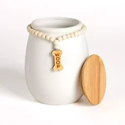 Best Kirklands Home Woof Ceramic Dog Treat Canister with Beaded Accent White