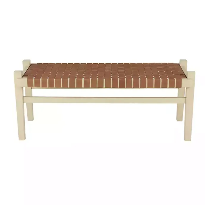 Outlet Kirklands Home Woven Camel Leather Natural Wood Bench Brown