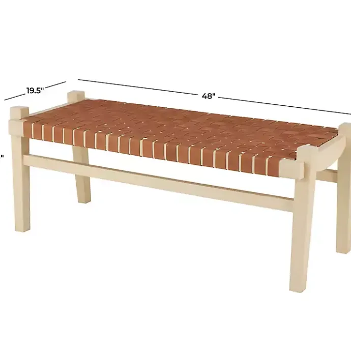 Outlet Kirklands Home Woven Camel Leather Natural Wood Bench Brown