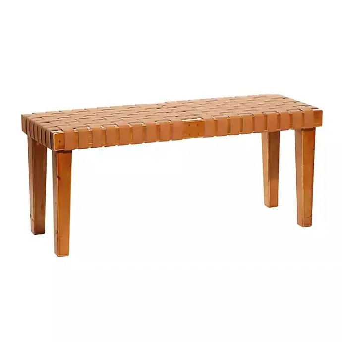 Clearance Kirklands Home Woven Leather Textured Wood Bench Brown