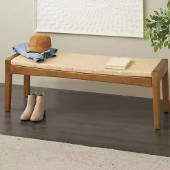 Hot Kirklands Home Woven Rope and Birch Wood Bench Tan