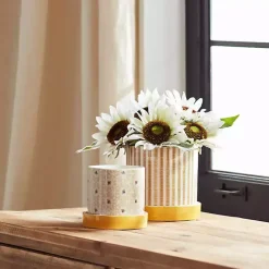 Kirklands Home Yellow Striped and Bee Decorative Pots, Set of 2